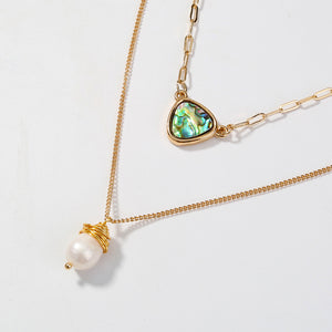 Two Layer Necklace With Abalone Pendant And Pearl Pendant