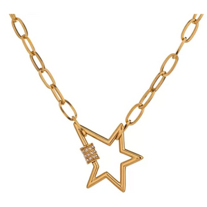 Gold Paperclip Necklace with Star Pendant Necklace with Cubic Zirconia Stones