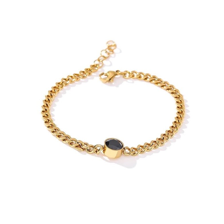 Gold Link Chain Bracelet for Women with Black Crystal Charm