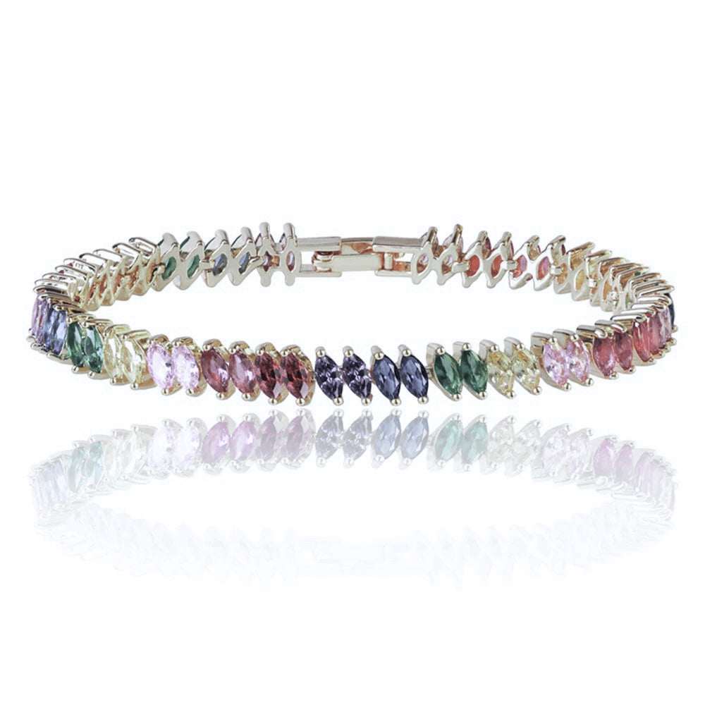 Rainbow Cubic Zirconia Tennis Bracelet in Gold with Rainbow Marquise Stones