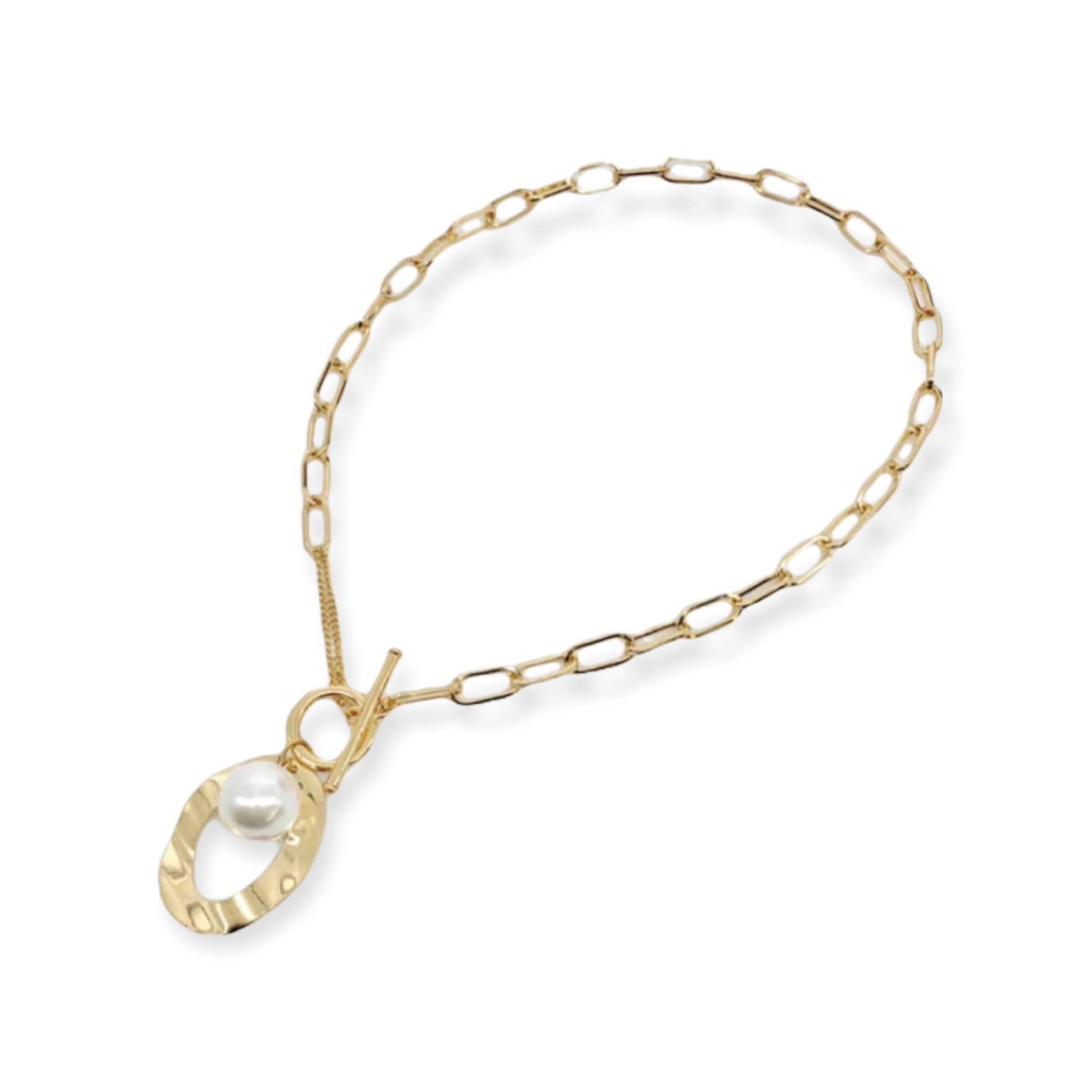 Large Link Necklace Gold Plated with Simulated Pearl