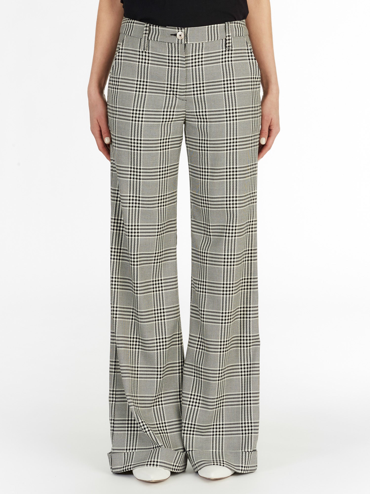 black and white plaid trousers