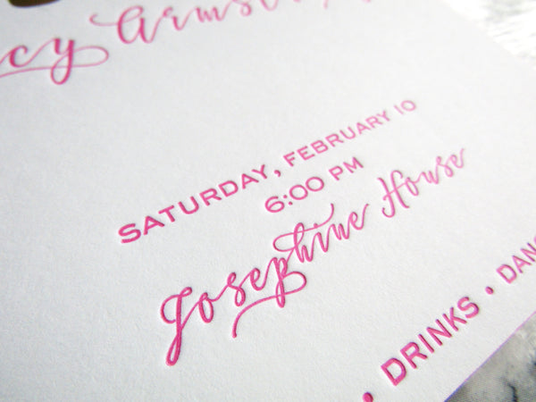 Letterpress birthday invitation in gold and hot pink with edge painting by inviting in Austin Texas