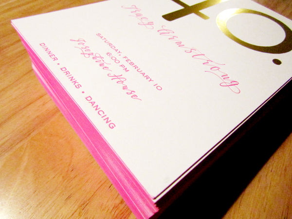 Letterpress birthday invitation in gold and hot pink with edge painting by inviting in Austin Texas