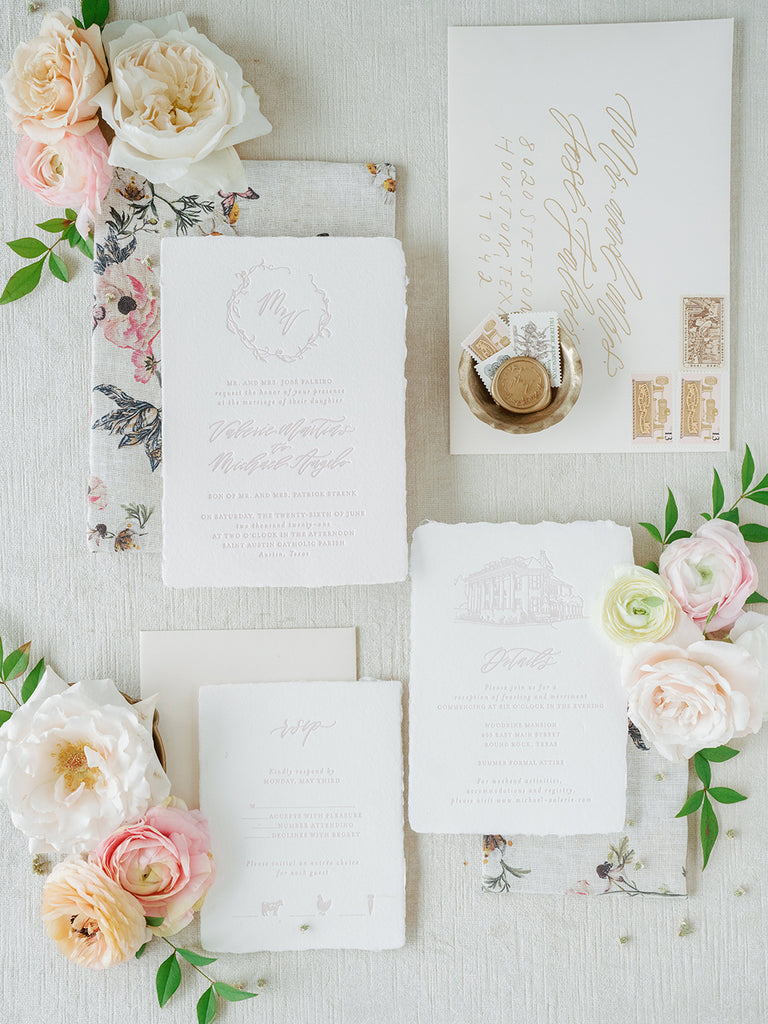 Letterpress wedding invitations, blush ink on white handmade papers.