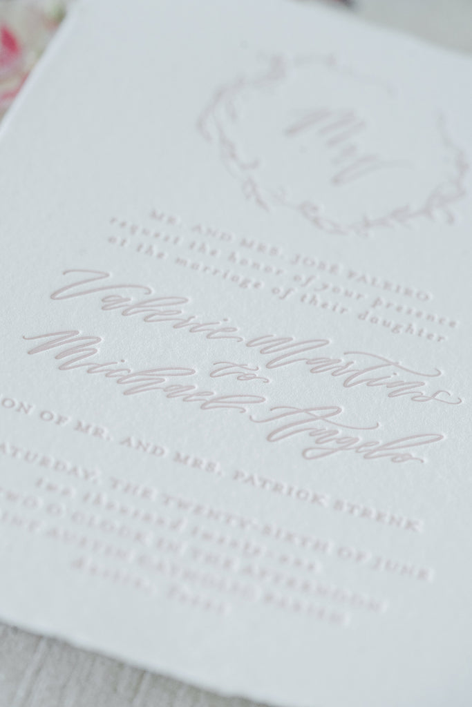 Letterpress wedding invitations, blush ink on white handmade papers.
