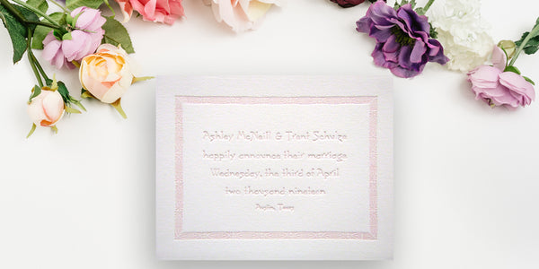 Letterpress formal wedding announcement with blush ink on lettra card by inviting in Austin Texas.