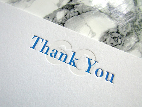 Letterpress thank you stationery in blue and clear inks, by inviting in austin texas.