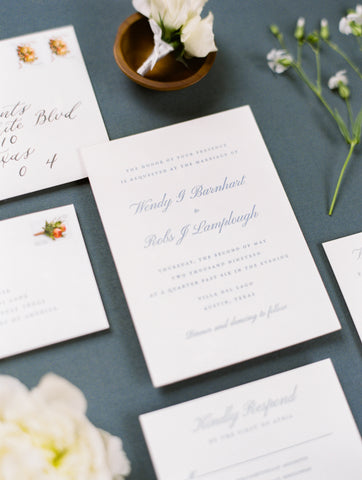 Letterpress Wedding Invitation Suite with french blue ink on pearl cotton cards, in Austin Texas.