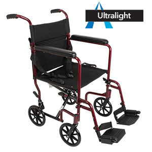 The ProBasics Transport Wheelchair in red. Text with icon Ultralight