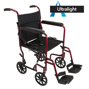 The ProBasics Transport Wheelchair in red. Text with icon “Ultralight”