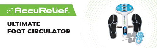 A banner with the AccuRelief Ultimate Foot Circulator and logo. Text, Ultimate Foot Circulator