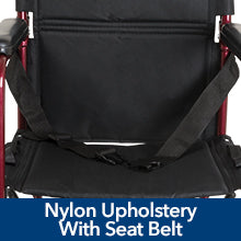 A close-up of the ProBasics Transport Wheelchair’s seat. Text, Nylong Upholstery with Seat Belt