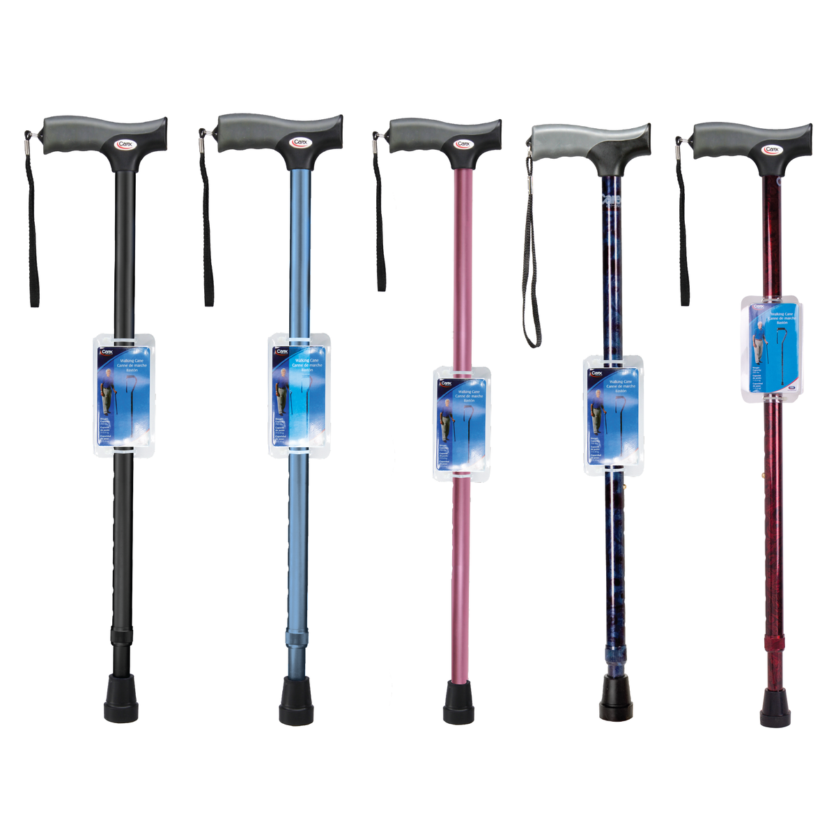 Carex Soft Grip Derby Cane in five colors: black, blue, pink, designer blue, and designer red