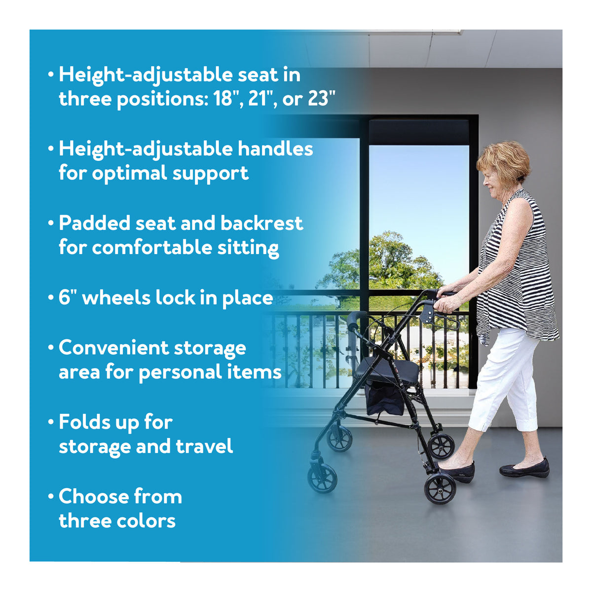 An elderly woman walking with a rollator with descriptive text next to the image