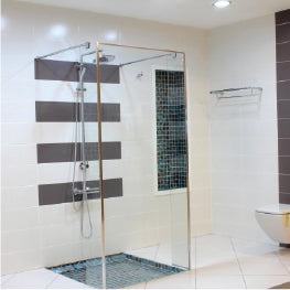 A shower with a curbless entry