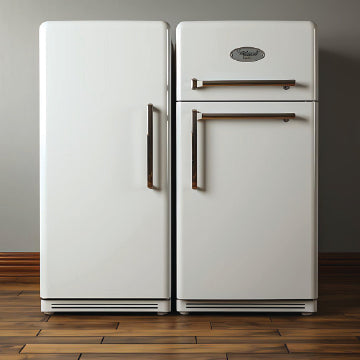 A vintage refrigerator on wood flooring 