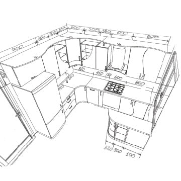 A blueprint of a kitchen layout with its dimensions outlined