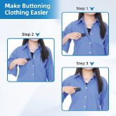 A collage showing how to use a button hook. Text, 
