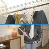 A collage showing a person using a dressing stick to put a jacket on