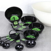 Large print measuring cups and spoons in a kitchen next to a bowl