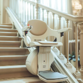 A stairlift attached to stairs in a home