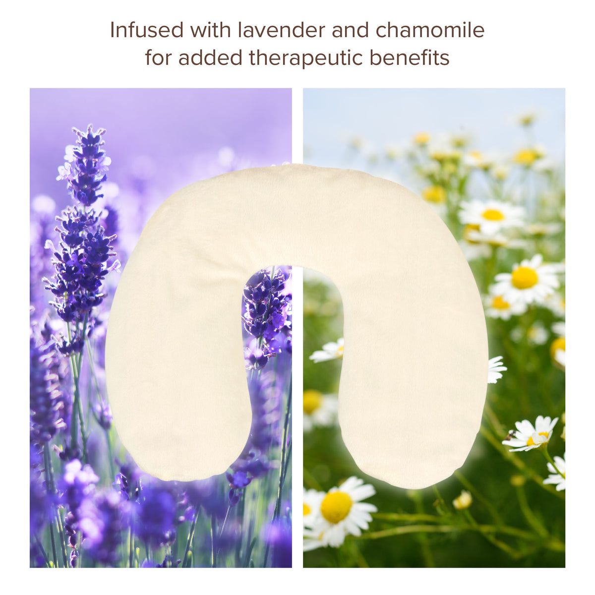 Bed Buddy Neck Pillow. Text: infused with lavender and chamomile for added therapeutic benefits.