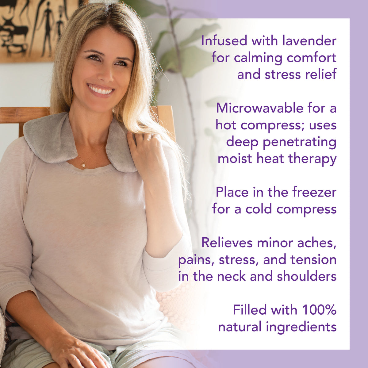 Image of woman with Carex Lavender Neck Wrap around her neck, further details are provided below.
