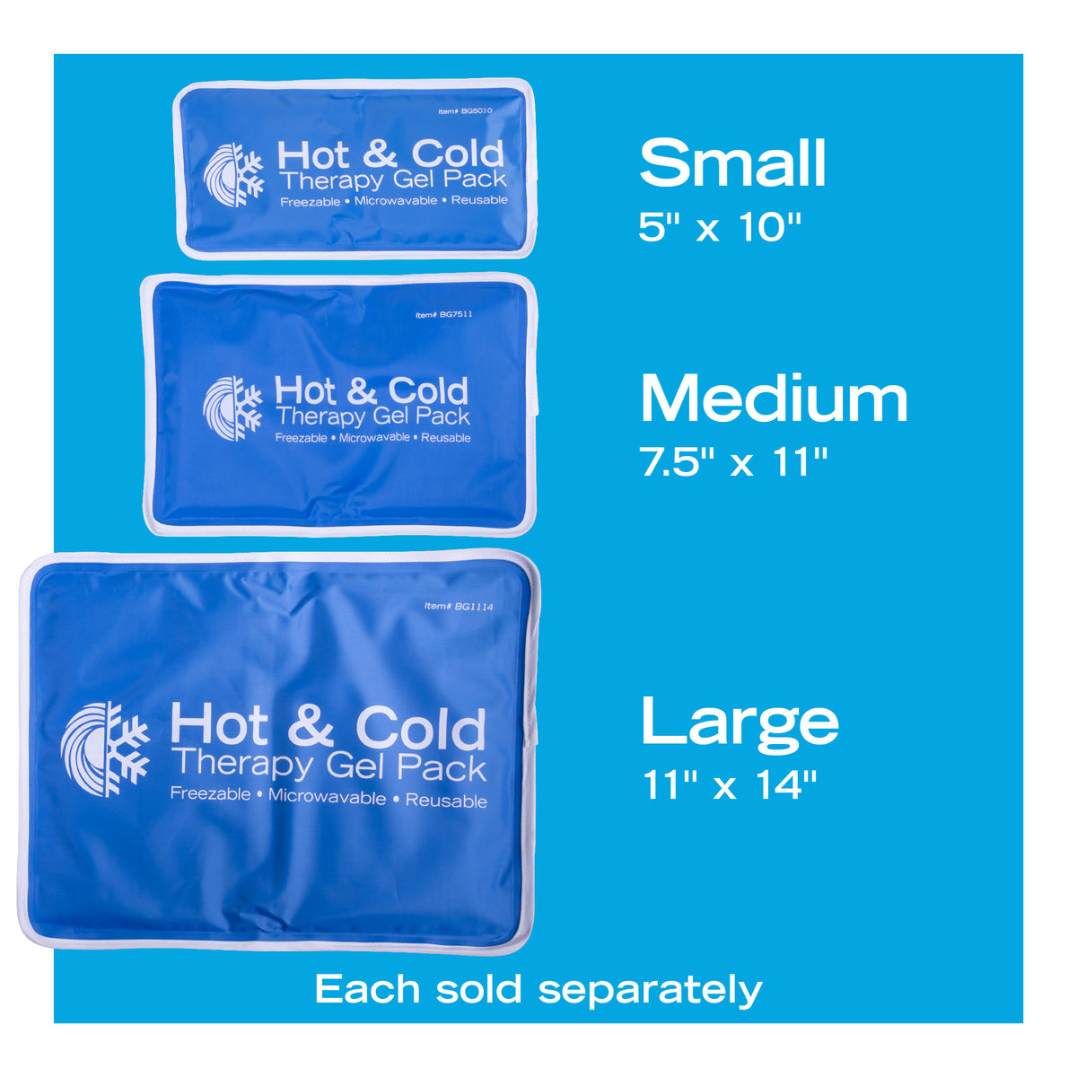 The Roscoe Reusable Hot/Cold Gel Pack in three sizes: small (5” x 10”), medium (7.5” x 11”), and large (11” x 14”) 