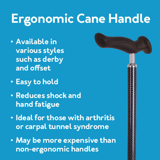 Ergonomic Cane Handle: Available in various styles such as derby and offset - Easy to hold - Reduces shock and hand fatigue - Ideal for those with arthritis or carpal tunnel syndrome - May be more expensive than non-ergonomic handles