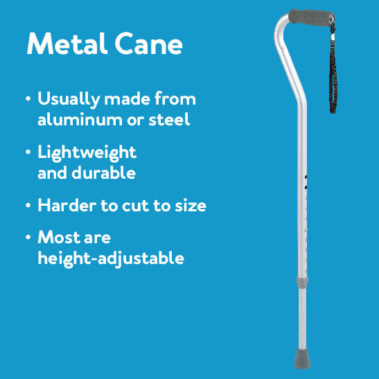 Metal Cane: Usually made from aluminum or steel - Lightweight and durable - Harder to cut in size - Most are height-adjustable