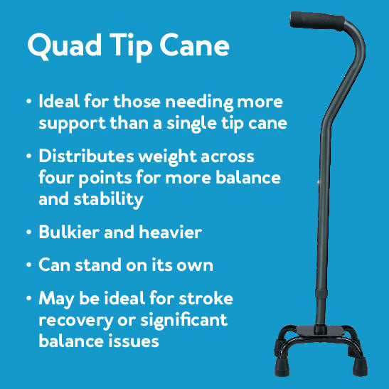 Quad Tip Cane: Ideal for those needing more support than a single tip cane - Distributes weight across four points for more balance and stability - Bulkier and heavier - Can stand on its own - May be ideal for stroke recovery or significant balance issues