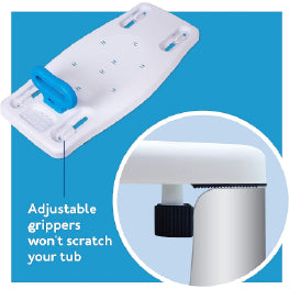 The Carex Shower bench on a blue background with a graphic showing the adjustable grippers that won’t scratch the tub 