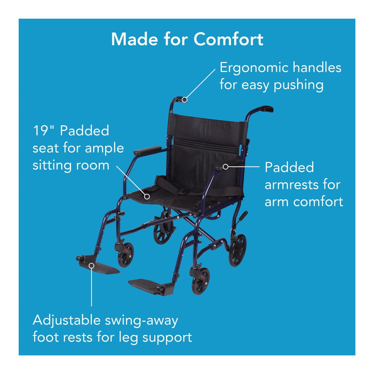 A blue transport chair over a blue background with text explaining its features for comfort