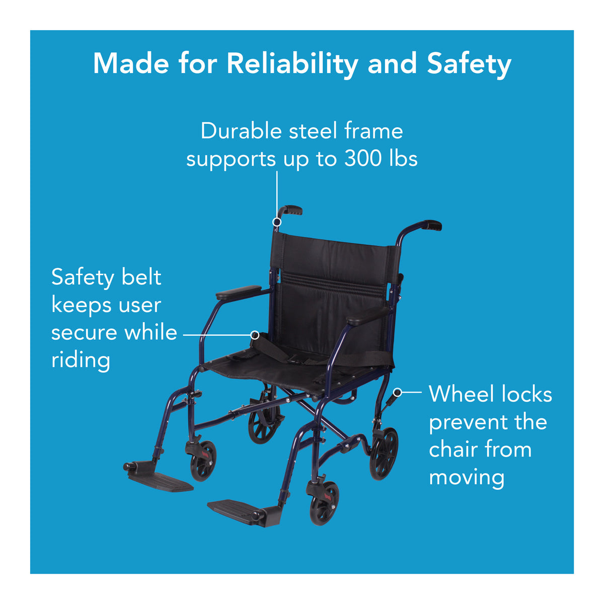 A blue transport chair over a blue background with text explaining its features for reliability and safety