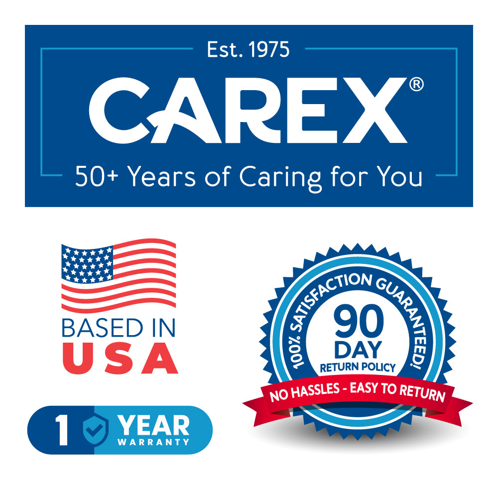 A graphic showing the Carex logo, made in the USA, a 1 year warranty icon, and a 90-day return policy icon
