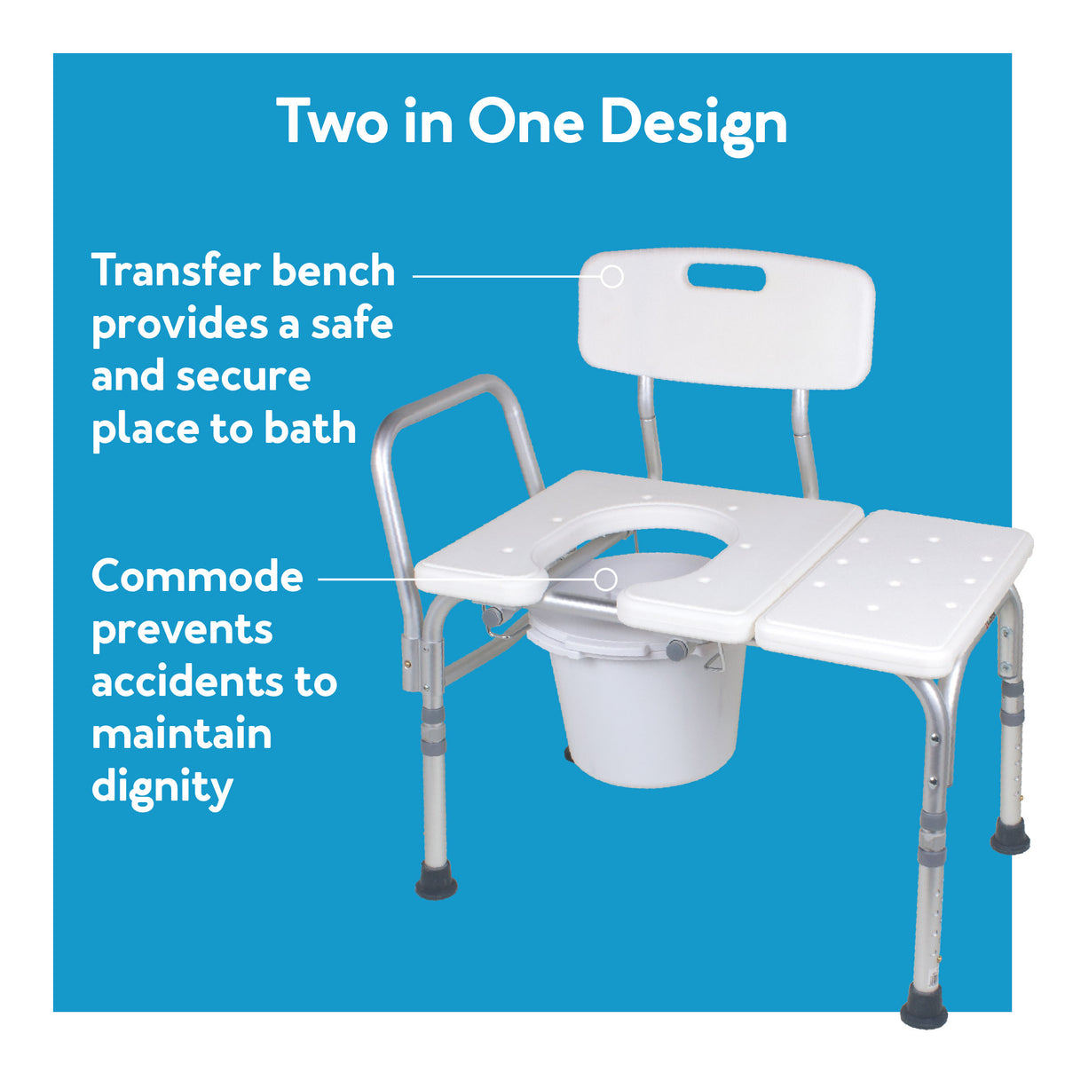 A white transfer bench on a blue background with text explaining features