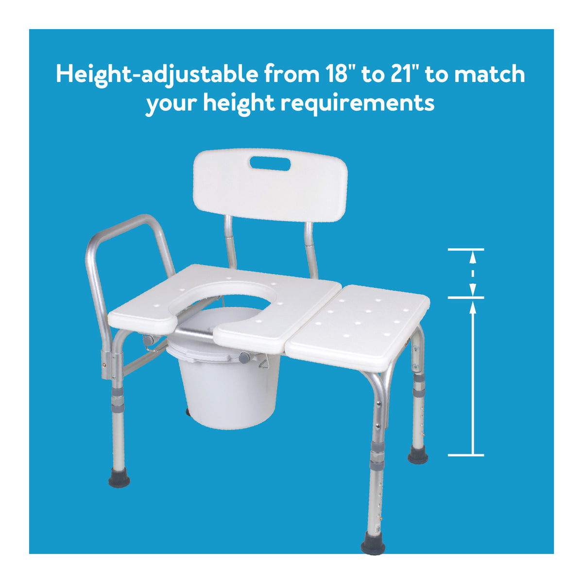 A white transfer bench on a blue background with text explaining features