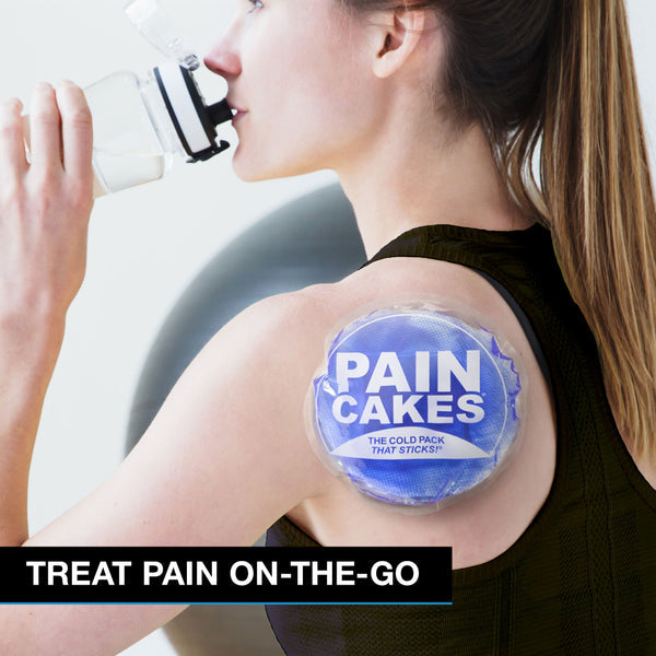 A woman drinking water with a PainCake on her shoulder. Text, 