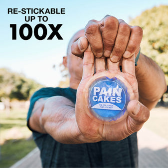 A close up of a mans hand with a PainCake on it. Text, 