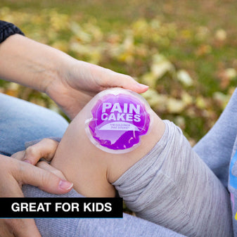 A purple PainCake on a kids knee. Text, 