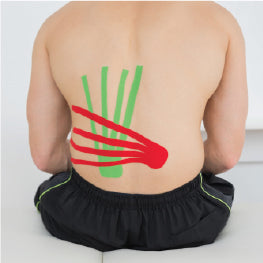 A man sitting down with kinesiology tape on his piriformis muscle