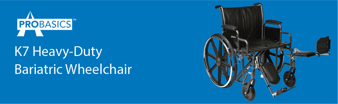 A bariatric wheelchair on a blue banner with a ProBasics logo and text, 