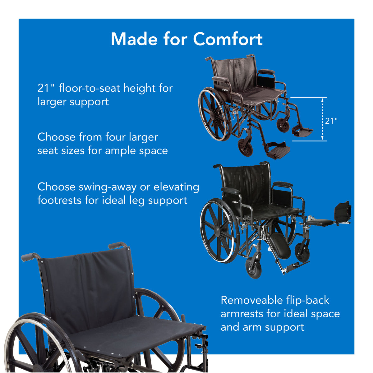 Three black bariatric wheelchairs. One with a 21