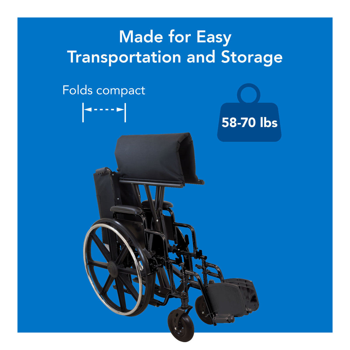 A black wheelchair folded with a weight icon and text 