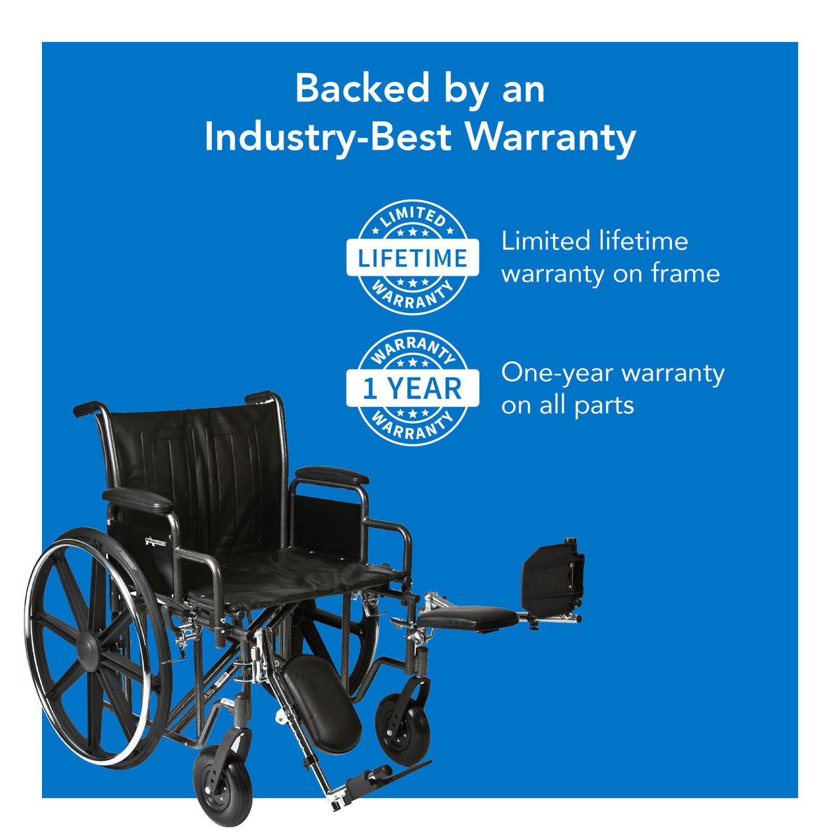 A black bariatric wheelchair with one leg extended. Two warranty icons.