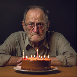 An elderly man looking sad in front of a birthday cake