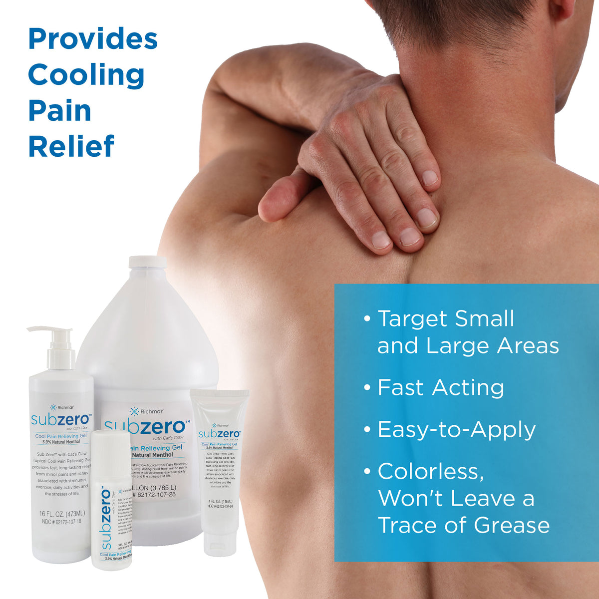 Sub Zero bottles next to a man holding his back in pain : Further details are provided below