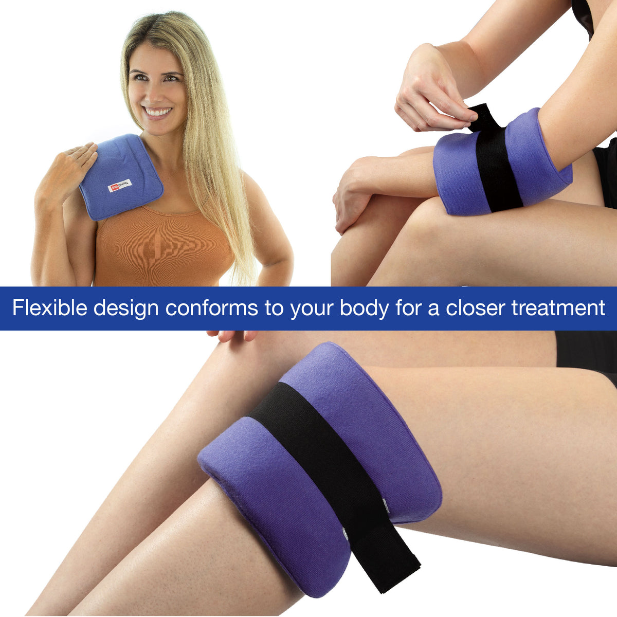 Collage: ThermiPaq wrap on different body parts.Text: Flexible design conforms to your body for a closer treatment