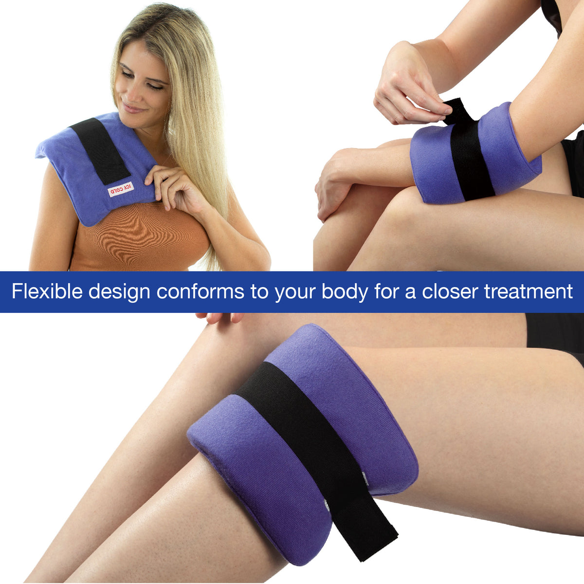 The ThermiPaq Pain Relief Wrap used on different body parts. Text: Conforms closely for effective treatment.